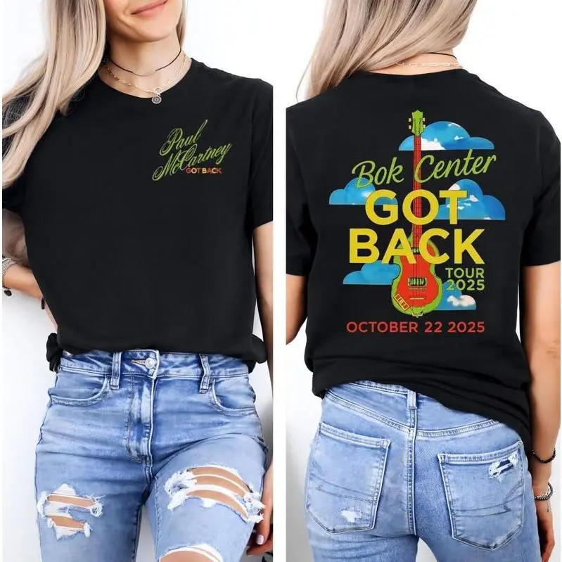 Paul McCartney Got Back 2025 Bok Center Tour T-Shirt Dual-Side Flex Front Script Back Guitar Cloud Art Soft Black Oversized Comfy Legend Fan Tee