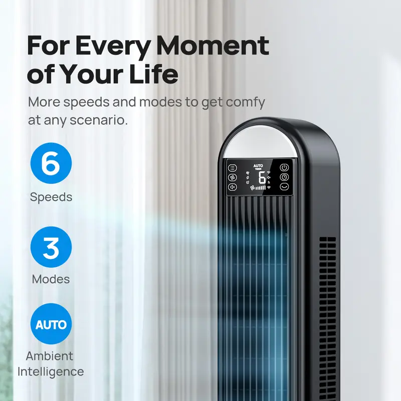 Dreo Tower Fan for Bedroom, 42 Inch Bladeless Fan, 24ft/s High Velocity, 6 Speeds, 4 Modes, 90° Oscillating with Remote, Large LED Display, 12H Timer, 34db Quiet Floor Fans for Home Living Room Office appliances device 6