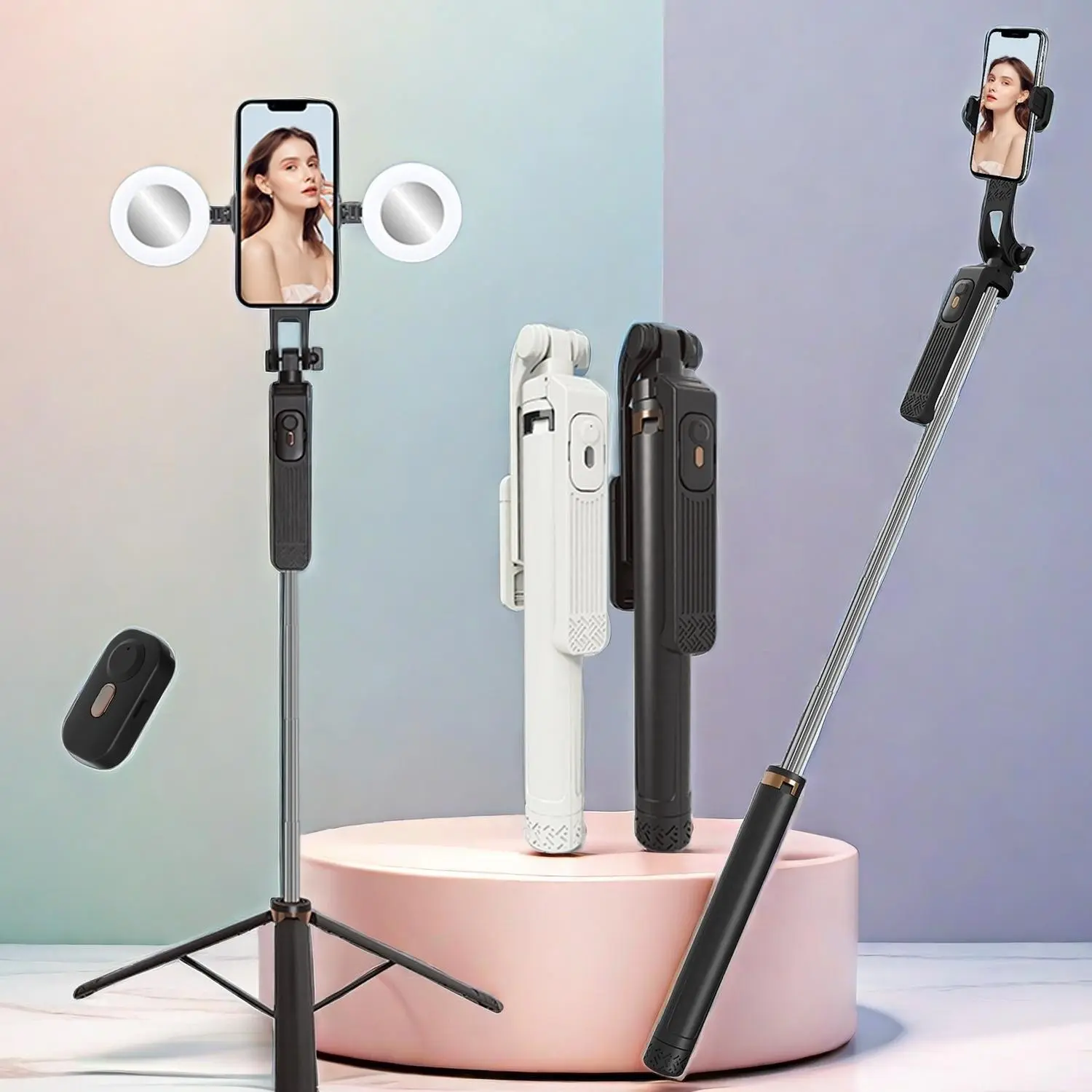 Wireless Selfie Stick with Fill Light, Portable Phone Selfie Tripod with Remote Control, Retractable Phone Photography Tripod for Live Streaming, Vlogging