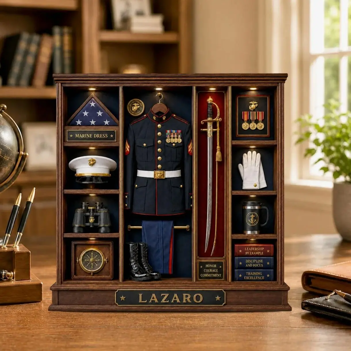 Personalized Marine Dress Blues Display, USMC Retirement Gift, Custom Marine Name Sign, Military Service Keepsake, Veteran Desk Decor