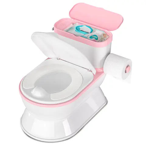 BabyBond 2-in-1 Realistic Flushing PVC Child Potty Training System - Pink Anti-Slip Rubber Base Chair with Detachable Potty Training Seat, Flush Sounds, Covered Wet Wipe Box, Toilet Paper Holder for 0-3 Years Toddlers, Christmas Gift