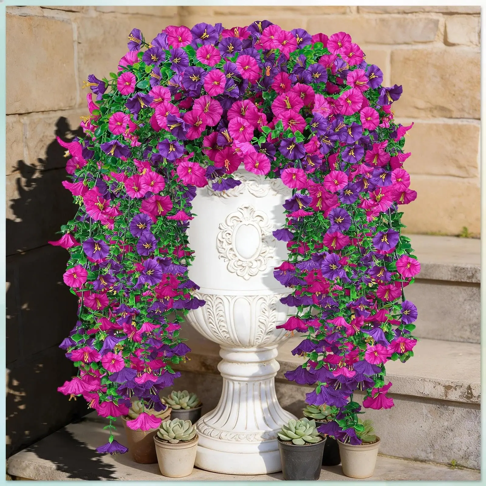 4/6 PCS UV-Resistant Artificial Morning Glory Hanging Vines, Silk Plants with Full Lushness, Layered Blooms, Odor-Free Shapeable Stems, Decorative Fake Greenery for Outdoor Wedding Porch Home Decor Supplies