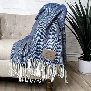 Personalized Herringbone Throw Blanket – Farmhouse Turkish Towel Style Cozy Throw with Fringe & Leather Patch | Custom Home Décor Gift