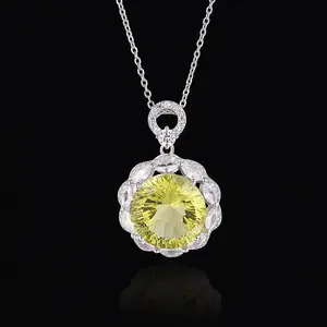 S925 sterling silver  Lemon Quartz pendant, with zircon, high quality setting, Elegant and Luxurious for Women, Girl friend, Brides, Grils as Wedding&Birthday Gift, Perfect for Daily Wear and Party, Valentine's Day Gift