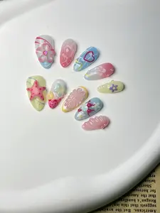 10PCS Hand Painted Salon Loveful Acrylic 3D Nails for Woman Press on Nails Handmade Reusable Fake Nails For Girls