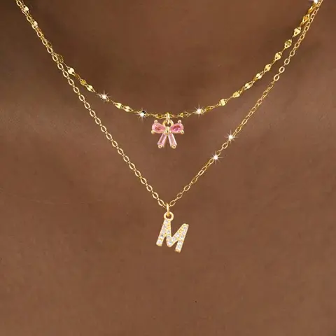 Women's Stainless Steel Letter Pendant Necklace Set, Elegant Multi-Layer Design, Zirconia Embellished Bow Charm, All-Season Jewelry, Initial Letter Necklace, Layering Necklaces
