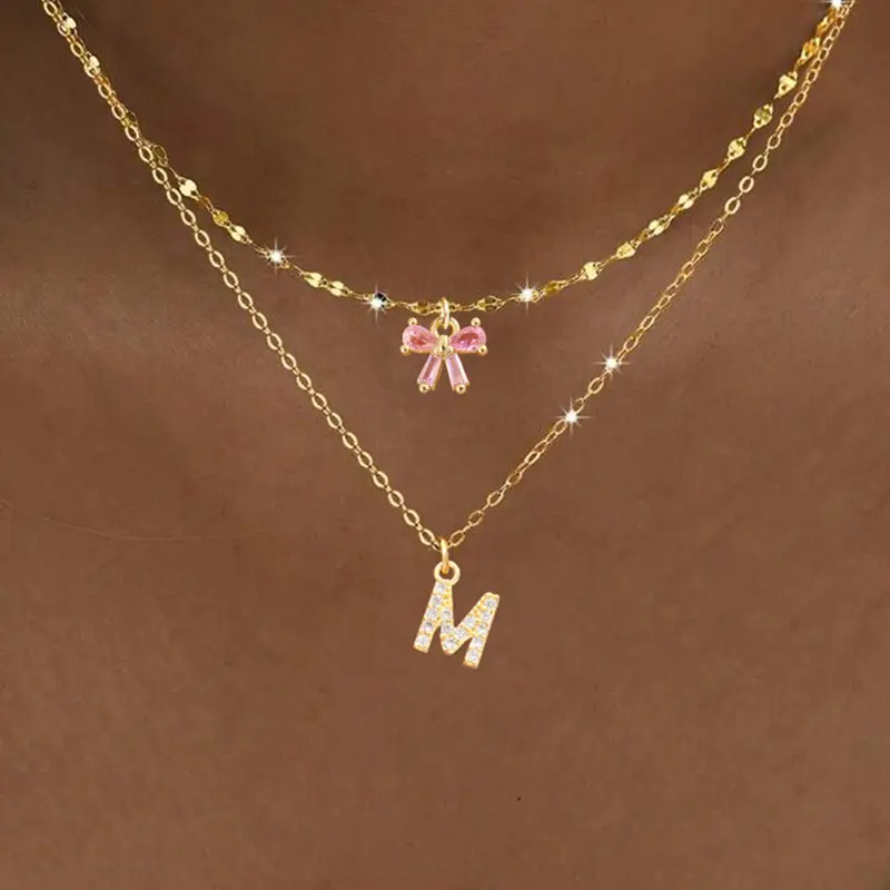 Women's Stainless Steel Letter Pendant Necklace Set, Elegant Multi-Layer Design, Zirconia Embellished Bow Charm, All-Season Jewelry, Initial Letter Necklace, Layering Necklaces