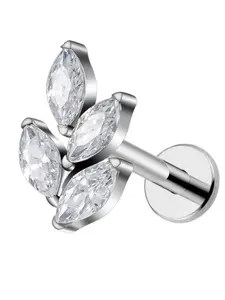 Astm F136 Titanium 16g Marquise Cz Leaf Shaped Earring, Flat Back Design for Cartilage Helix Conch Lobe Piercing, Punk Style Jewelry for All Seasons