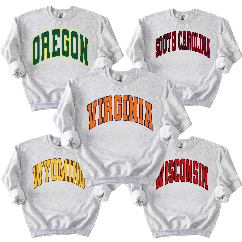 Varsity State Sweatshirt Vintage College Sweatshirt College State Name Crewneck ASH GREY COLOR Shirt Varsity Unisex Poly Cotton Varsity Sweatshirt Casual College Graphic Pullover Menswear