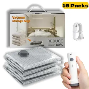 【Home Essiential】15 Packs Cordless Travel Vacuum Storage Bag Set Vacuum Bags for Travel with Rechargeable air Pump for Clothes, Bedding, Blankets Luggage and Suitcase Space Saver for Clothing Travel Zipper Pouches vacuum  airtight
