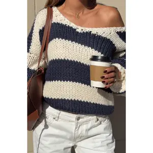 Delvey Navy Striped Chunky Knit Sweater