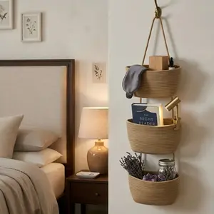 3-Tier Over the Door Storage Basket, Decorative Nursery Baskets,Woven Cotton Wall-Mounted Organizer for Nursery, Diapers, Toys, and Home Storage