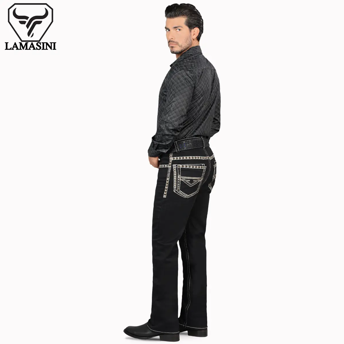 LAMASINI Cowboy Denim Jeans LM1872 Black for Men - Casual Style with Embroidered Embellishments - Fashion