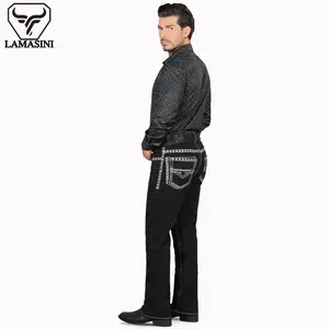 LAMASINI Cowboy Denim Jeans LM1872 Black for Men - Casual Style with Embroidered Embellishments - Fashion