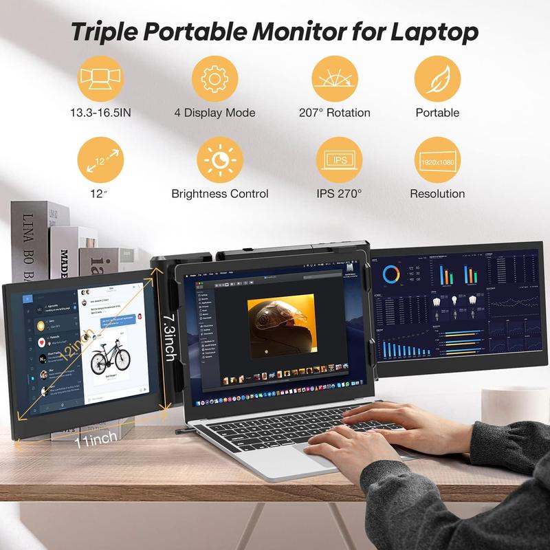 【OPENBOX】Triple Portable Monitor for Laptop Screen Extender Dual Monitor 12 Inch FHD 1080P Tri Screen Display One Type-C Cable Connect for 13.3-16.5 Inch Laptop【MacBook Only】