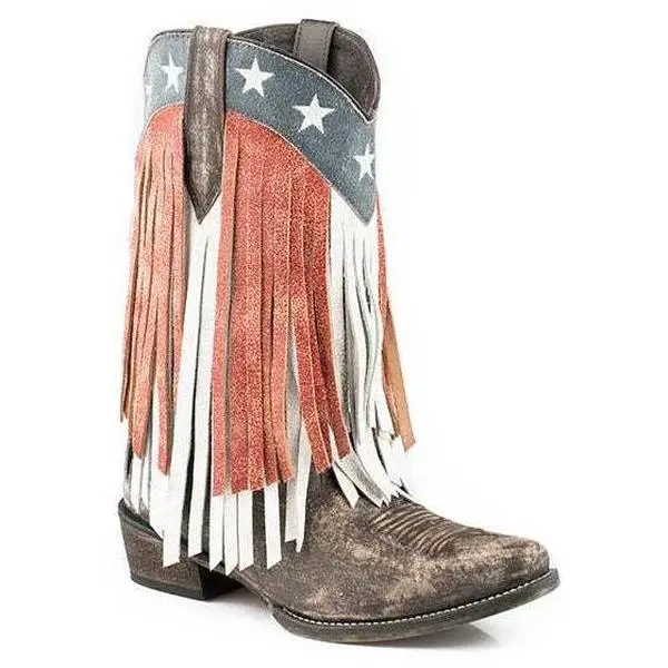 Women's Roper American Beauty Fringe Boots Handcrafted Brown