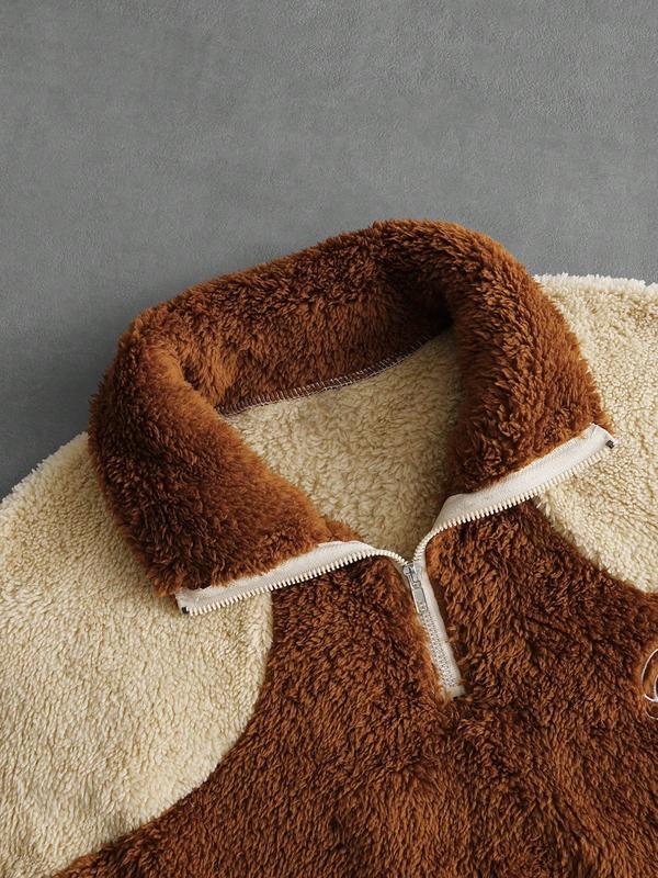 Men's Vintage Color Block Fleece Jacket, Half-Zip Stand Collar, Cozy Warmth for Casual Street Style, Perfect for Spring & Fall