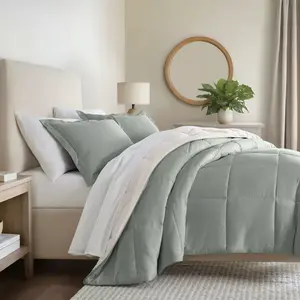 Reversible Comforter and Shams Set, Ultra Soft - Becky Cameron, Eucalyptus / Natural, Twin/Twin Extra Long