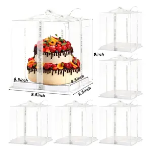 6Pcs Multi-Layer Tall Cake Boxes Clear Box with Ribbon, 8x8x9 inch,Ideal for 6" Inch Tall Layer Tiered Cakes,Gift Boxes for Wedding Party and Gift Display (Clear Lid, 8*8*9inch/6Pcs)