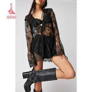 Women's Lace Cardigan Bow Tie Front Stylish Solid Mesh See Through V Neck Long Sleeve Tops