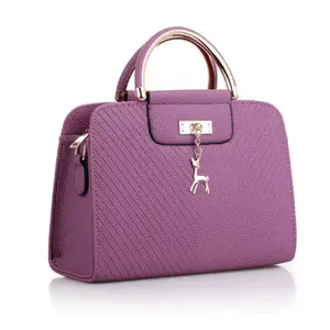 Elegant Purple Quilted Satchel with Deer Charm and Gold Hardware for Women