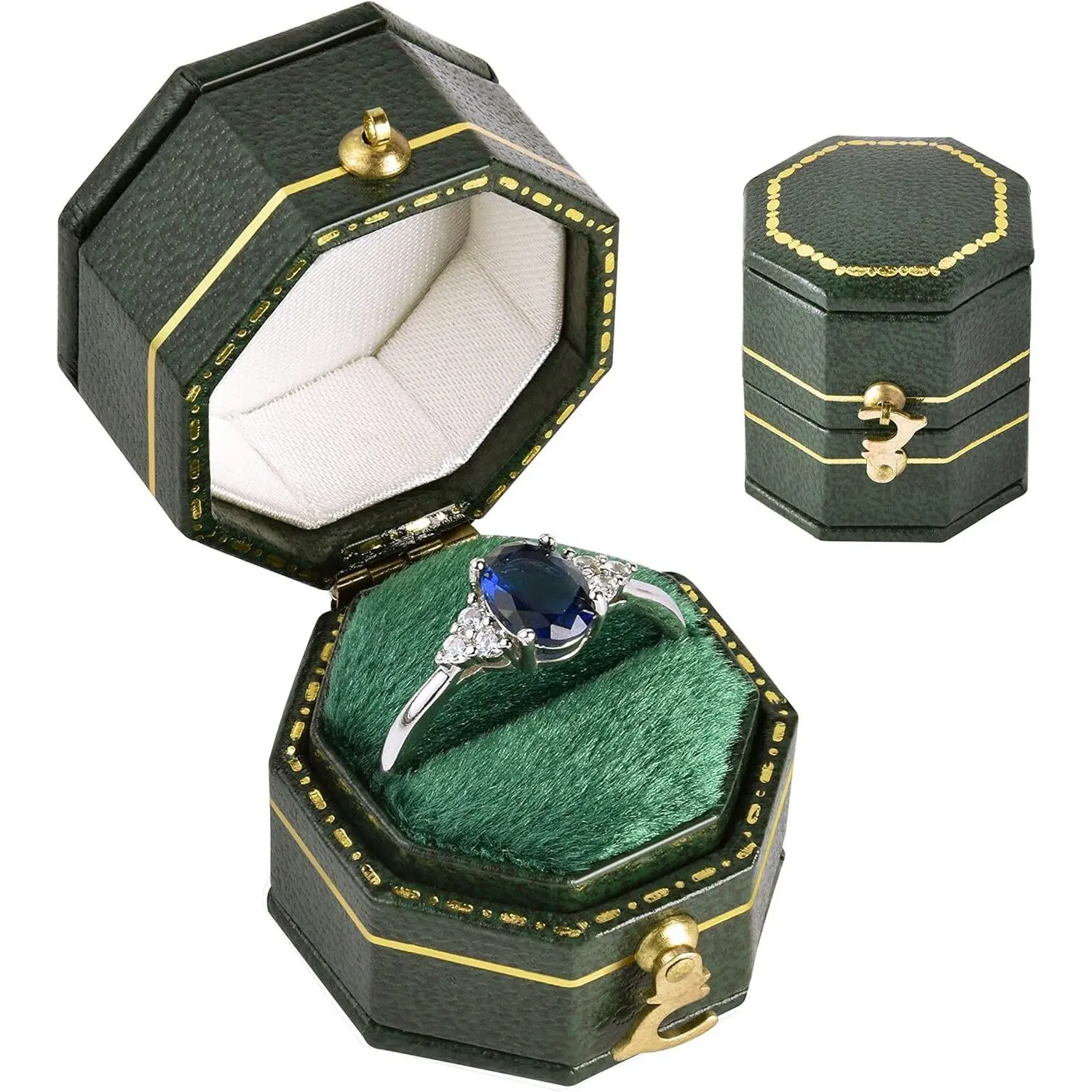 TAIMY Vintage Ring Box, Classical Victorian Style Mini Antique Ring Box, Handcrafted Small Keepsake Jewelry Box(Equilateral Octagon, Green) Organiser