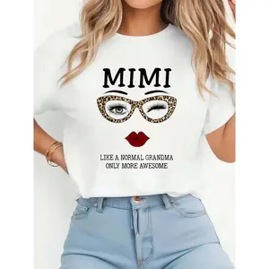 Womens Mimi Graphic Tee Leopard Glasses Wink Eyes Red Lips Like A Normal Grandma Only More Awesome Cute Casual Short Sleeve Crewneck Shirt for Mothers Day Gift