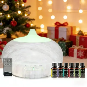Modern Wood Grain 550ml Essential Oil Diffuser & Air Humidifier with Auto Shut Off, 7 LED Colors, Remote operation Control, and 6 Bottle Oil Set - Aromatherapy Machine & Air Purifier timer setting Aromatherapy Diffuser with Lights Aroma plant Diffuser
