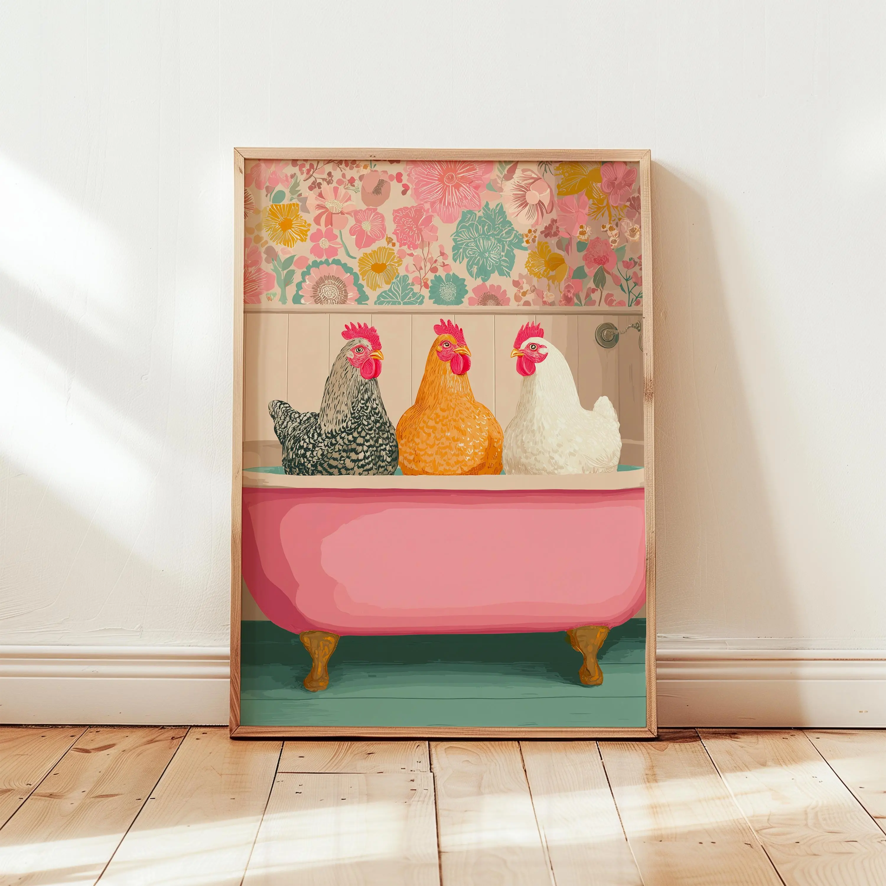 Funny Chickens in the Bathtub Poster, Colorful Chickens Wall Art, Animal Posters, Wall Decoration, Colorful Posters, Colorful Farmhouse Wall Art