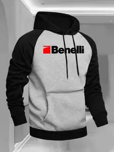 Men's Long Sleeve Hooded Patchwork Two-Tone Sweatshirt, Casual Versatile Fashion Benelli Print, Fitted Graphic Pullover, Shoulder Insert Sleeves, Graphic Hoodies