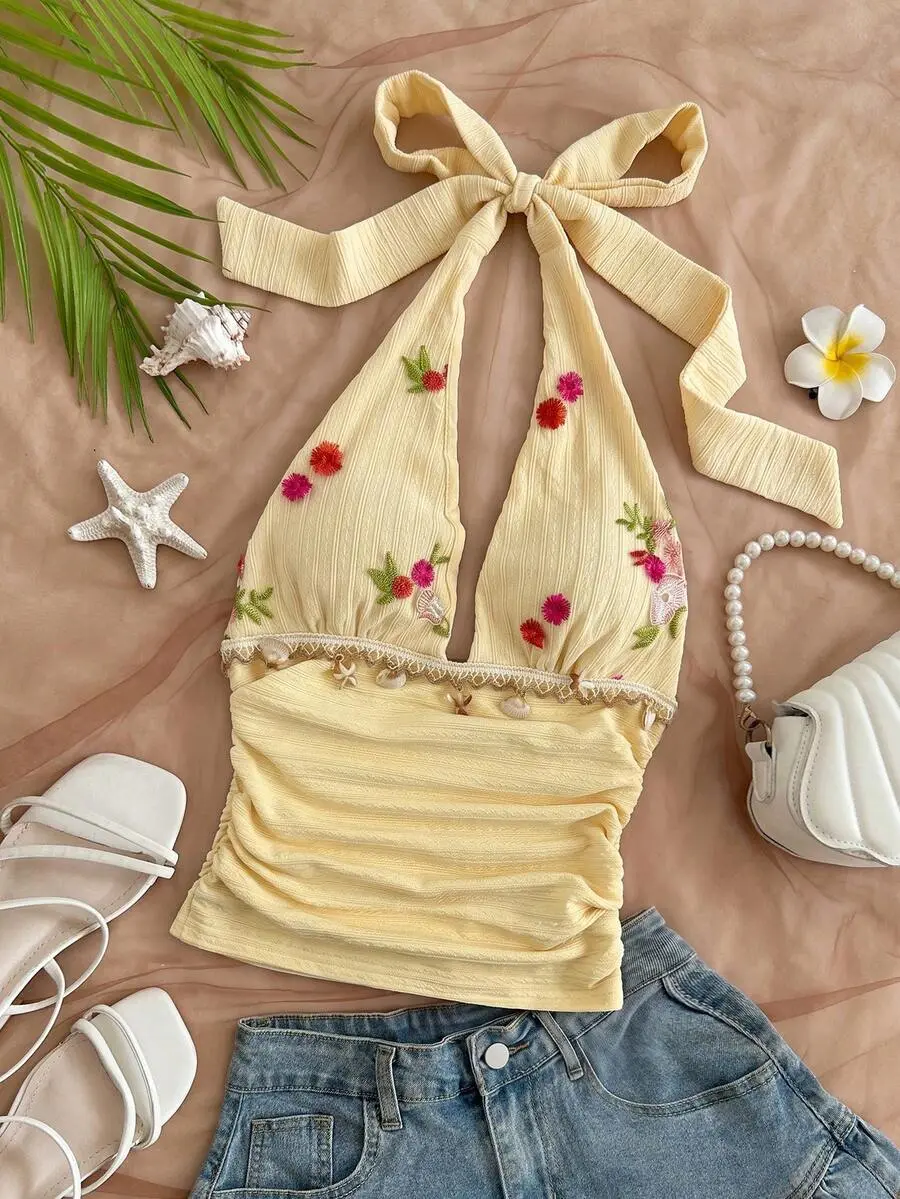 Women's Halter Top - Floral Pleated Shell and Starfish Decor Knit Camisole for Beach Vacation