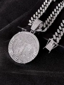 Trendy Exquisite Cuban Chunky Chain Necklace, Geometric Circular Pendant, Forever Rich Letters, Hip-Hop Style, Unisex Punk Jewelry
