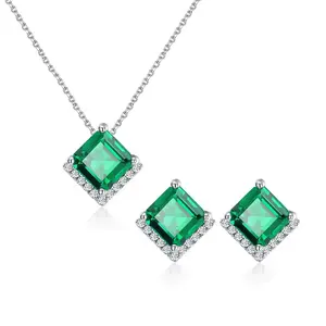 S925 Sterling Silver Green Princess Cut Cubic Zirconia Jewelry Set, Sparkling Halo Necklace & Stud Earrings, Elegant Statement Jewelry for Women, Ideal for Wedding, Engagement, Party, Date Night & Anniversary