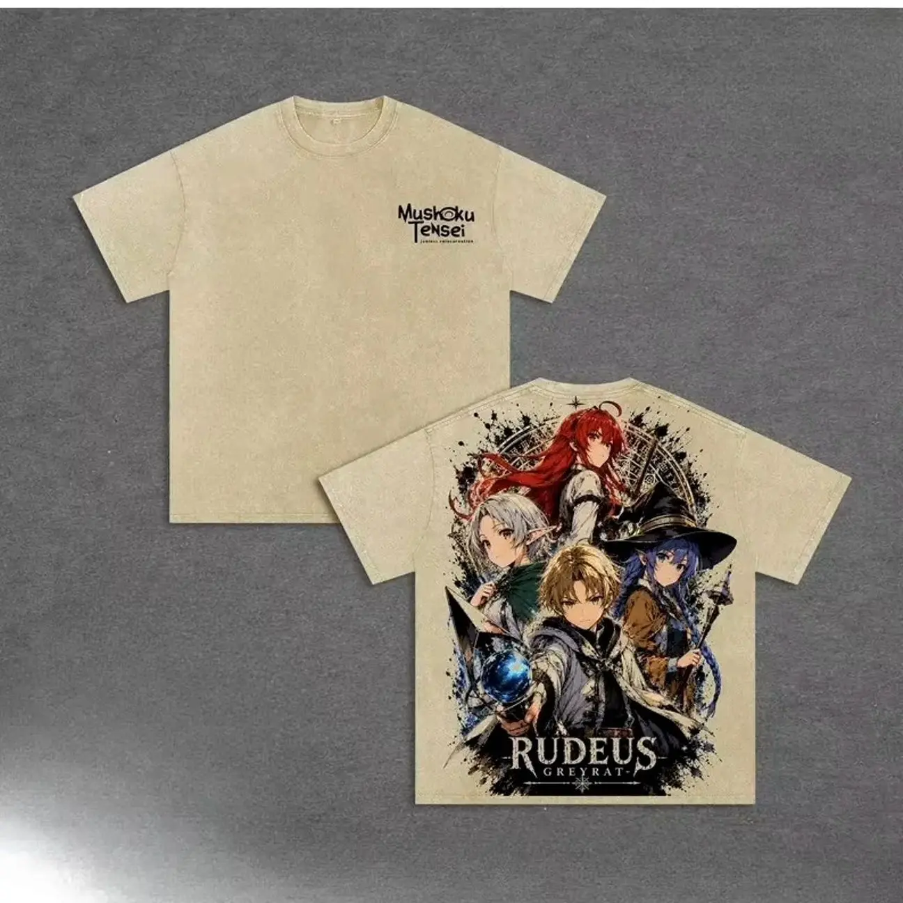 Hot Anime Mushoku Tensei Rudeus Eris Roxy Graphic Tee Men Women Short Sleeve Washed Cotton Tshirt Casual T-shirt Vintage T Shirt