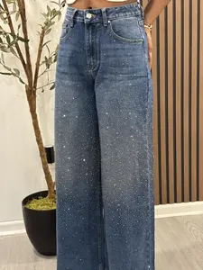 Destello Denim High-Waisted Sparkly Jeans for Women All Seasons Basic Bottoms Streetwear Fashionable Pants Casual Fit