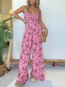 Printed Spaghetti Strap Wide Leg Jumpsuit - All-One Piece with Statement Wide-Leg Silhouette Bold Artistic Print Machine Wash Chic Style Women's Flared Palazzo Overalls Sleeveless Loose-fitting Romper All Seasons Spandex Material Comfort Trouser