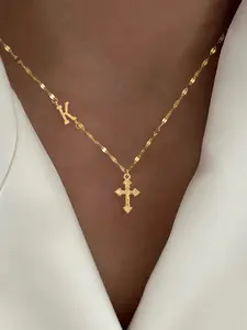 Women's Hypoallergenic Stainless Steel Letter Cross Pendant Necklace, Elegant Fashion Lip Chain Design, All Season Jewelry Accessory
