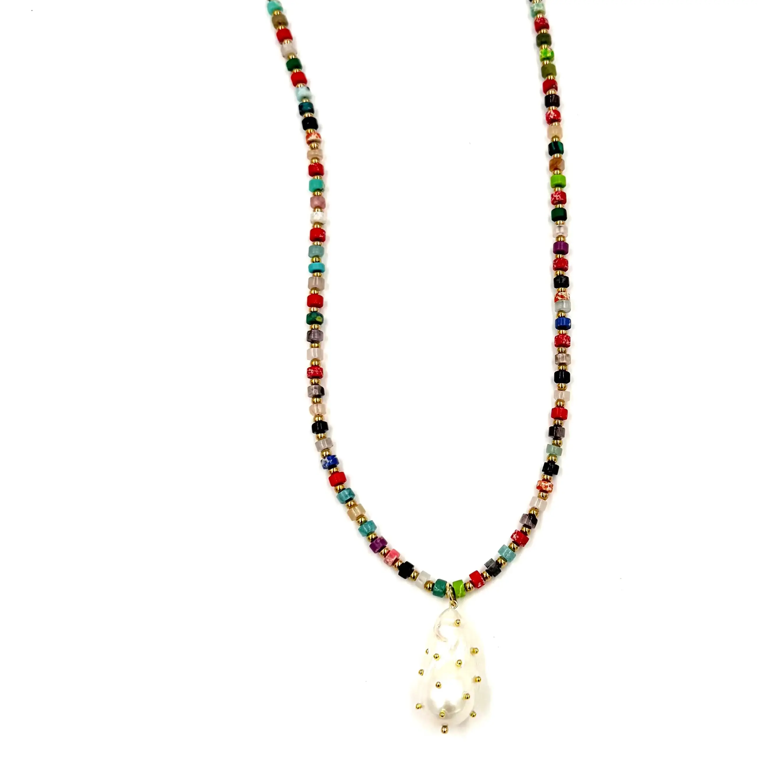 Ashley Gold Stainless Steel Gold Plated Multi Colored Beaded And Large Freshwater Pearl Necklace