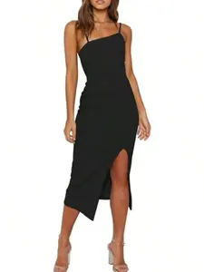 Elegant Women's Slim-Fit Formal Cocktail Dress, Adjustable Strap Sleeveless High-Waist Slit Split Design, Perfect for Parties & Special Occasions, Formal Wear
