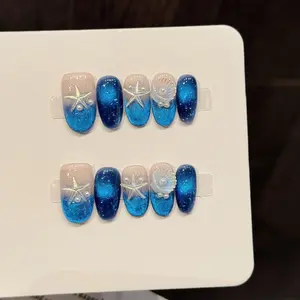 10pcs Pure Hand Pressed Short Oval Nail Art,Beautiful Fake Nails,  [Blue Starfish Shell] Blue Starfish Nail Patch Ocean Kaze Jun Hand-Worn Nail,Suitable For Women