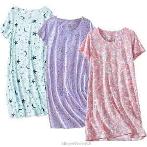 3 Pack Women's Cotton Nightgown Sleepwear Short Sleeves Shirt Casual Print SleepdressRogueSociety20