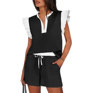 Tankaneo Womens 2 Piece Lounge Sets Summer Outfits V Neck Ruffle Cap Sleeve Tops and Shorts Vacation Matching Set