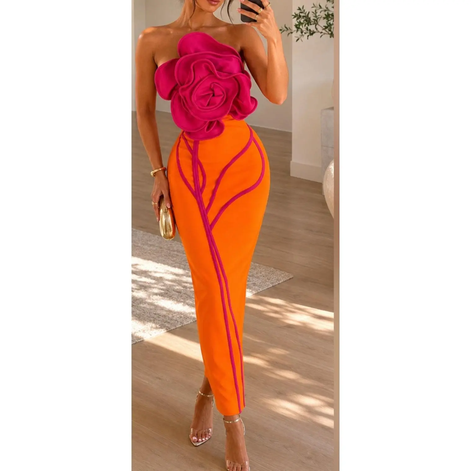 NEW $325 Wisteria Strapless Two-Tone Orange & Fuchsia Floral Summer Dress
