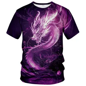 Unisex Purple Chinese Dragon 3D Printed T - Shirt, Vibrant Glowing Dragon Graphic Tee for Casual Streetwear, Festival Events, Men & Women