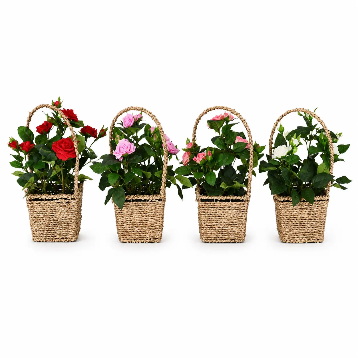 4-Pack Artificial Rose Basket Set, Faux Rose Flowers in Rustic Woven Baskets, Assorted Colors, Tabletop Home Decor for Wedding, Party & Room Decoration