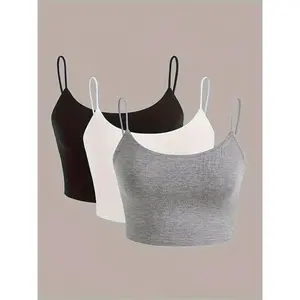 Women's3pcsSpaghettiStrapCamiTops-Black,White,Gray-SoftPolyesterBlend,Stretchy&Breathable,SleevelessV-NeckDesignforSpring/Summer/Falltubetopsweightedvestswomen