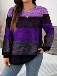 Women's Elegant Striped Colorblock Lantern Long Sleeve T-Shirt, Spring & Fall Fitted Casual Round Neck Top, Plus Size Fashion Womenswear Lady