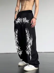 Men's Casual Sporty Long Pants, Gothic Pattern Print Sweatpants, Drawstring Wide Leg Leisure Long Pants, Suitable for All Seasons