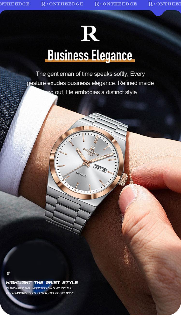 Men's Luxury Two-Tone Rose Gold & Silver Quartz Watch - Stainless Steel Wristwatch with Day Date Display, Luminous Hands, Classic Business Dress Watch, Perfect Gift for Him