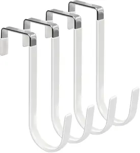 Over The Door Hooks, 4 Pack Hangers Hooks with Rubber Prevent Scratches Heavy Duty Organizer for Living Room, Bathroom, Bedroom, Kitchen Hanging Clothes, Towels, Hats, Coats, Bags White